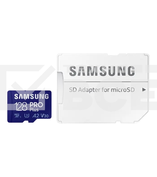 Флеш карта microSDXC 128GB Samsung PRO Plus Class 10, A2, V30, UHS-I (U3), W 130 МБ/с, R 180 МБ/с, <MB-MD128SA/KR> адаптер на SD