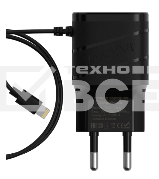 Сетевое зарядное устройство Maxvi TCM-101LB 1A, Lightning, 1xUSB-A, черный