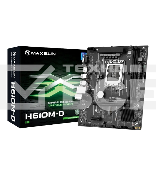 Материнская плата Maxsun MS-Challenger H610M-D, LGA 1700, Intel H610, 2xDDR4, 3xSATA, 1xM.2, 1xPCIe 4.0 x16, 1xPCIe x1, 1xHDMI, 1xVGA, 1x 1Gb LAN, 2xUSB 3.2 Gen 1, 4xUSB 2.0, 3x3.5 мм, 5.1, mATX