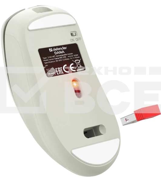 Мышь беспроводная Defender Dana MB-266 светло-серый, 3200 dpi, радиоканал, Bluetooth, USB, кнопки - 6