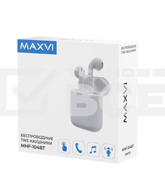 Наушники TWS Maxvi MHF-104BT белый, вкладыши, Bluetooth, сенсорное управление, до 4 ч