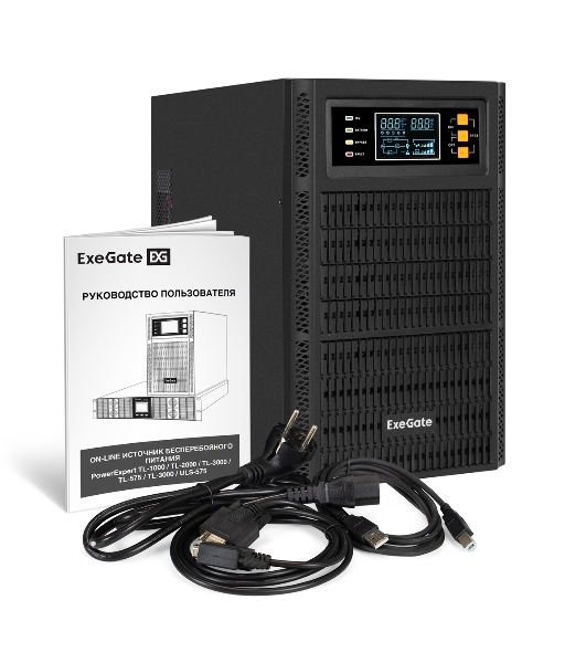 Источник бесперебойного питания On-line ExeGate PowerExpert TL-3000.72V.LCD.AVR.3SH.USB.RS232.SNMP 3000VA/3000W, On-Line, PF=1, LCD, 3*Schuko, RS232, USB, SNMP-slot, встроенные батареи 12V 7.2Ah - 6шт, возможность подключения до 4 внешних батарейных блоков 72В, Tower, металлический корпус, черный