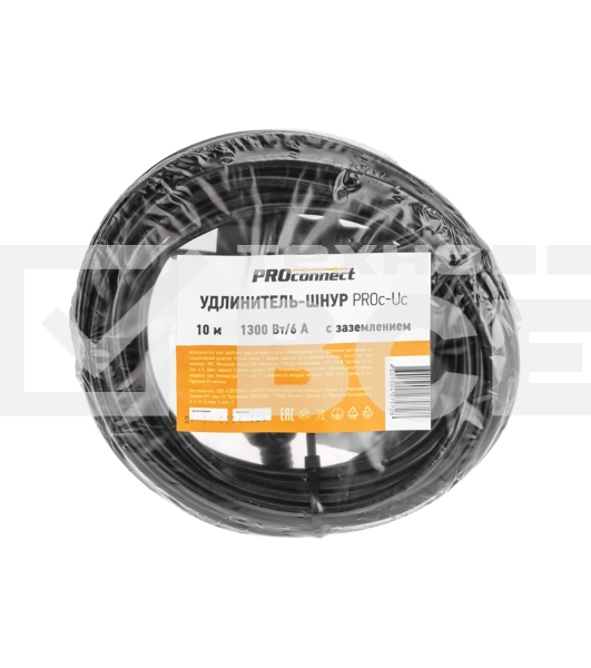Удлинитель-шнур PROconnect ПВС 3х0,75 мм², 10 м, с/з, 6А, 1300 Вт, IP20, черный
