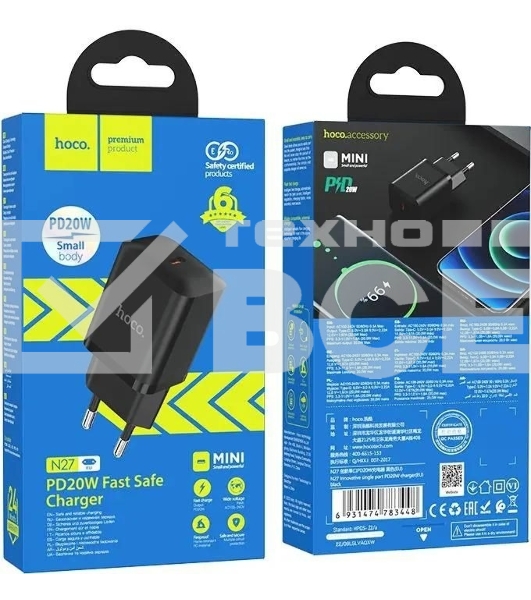 Сетевое зар./устр. Hoco N27 Black 20W 3A+2.22A+1.67A (PD+QC+AFC) USB-C универсальное черный