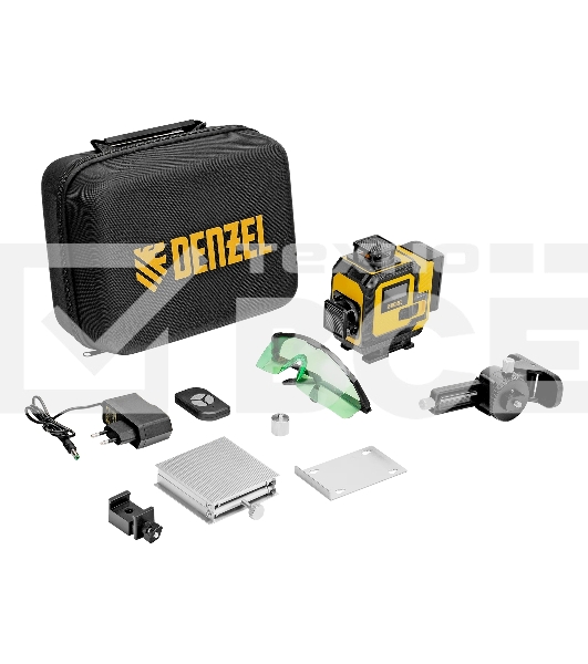 Лазерный уровень мультипризменный Denzel DLV-360-4C, 30 м, зеленый луч, Li-Ion 2,4 Aч, кейс