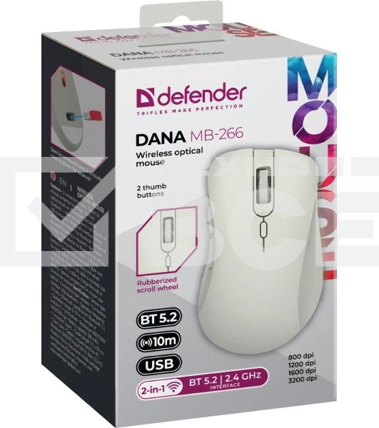 Мышь беспроводная Defender Dana MB-266 светло-серый, 3200 dpi, радиоканал, Bluetooth, USB, кнопки - 6