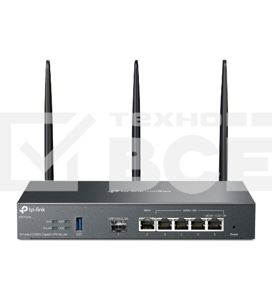 VPN-маршрутизатор TP-Link ER706W Omada с гигабитными портами и поддержкой Wi-Fi AX3000, 1 гиг. SFP WAN/LAN, 1 гиг. RJ45 WAN, 4 гиг. RJ45 WAN/LAN, USB 3.0, до 574 М/с на 2,4 ГГц + до 2402 М/с