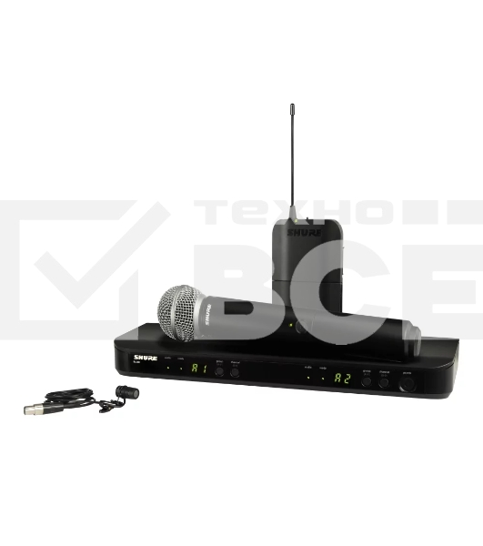 Микрофонная система SHURE BLX1288E/W85-M17 беспроводная, двухканальная, с петличным микрофоном WL185 и ручным передатчиком SM58, частота UHF 662-686 МГц