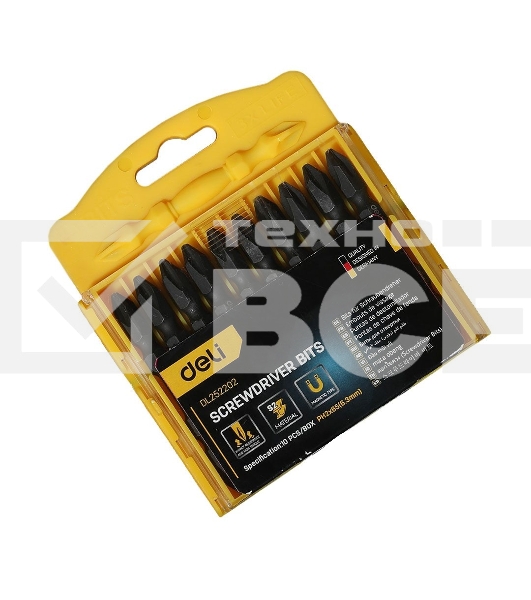 Набор двухсторонних торсионных бит для ударных шуруповертов 10 шт Deli DL252202 PH2x65мм, сталь S2, пласт.кейс