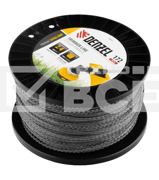 Леска для триммера Denzel двухкомпонентная, зубчатый квадрат, 2,4 мм х 172 м, на DIN кат. EXTRA CORD