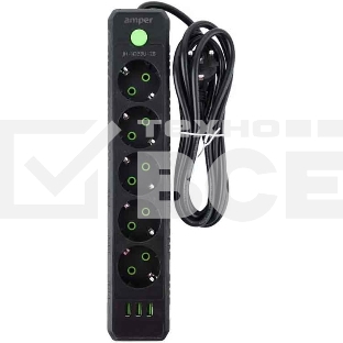Сетевой удлинитель Amper JH-1033U-2B черный, 2 м, евро, 5 розеток, 2500 Вт, 3 USB