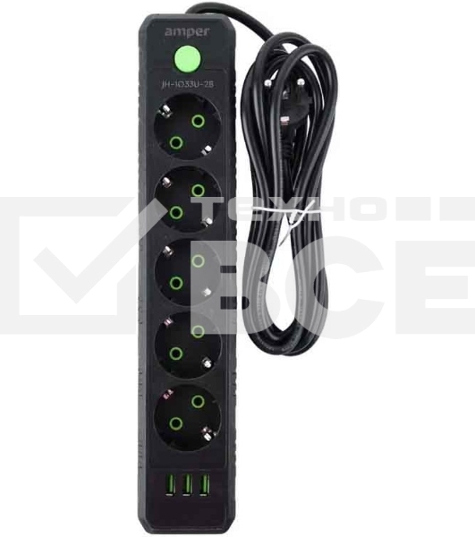 Сетевой удлинитель Amper JH-1033U-2B черный, 2 м, евро, 5 розеток, 2500 Вт, 3 USB