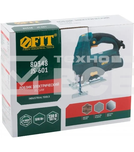 Лобзик FIT JS-601 570 Вт, 0-3000 ход/мин, БзП, маятник, 65 мм, 1,9 кг, рез. накл., коробка
