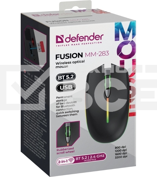 Мышь беспроводная Defender Fusion MM-283 черный, 3200 dpi, радиоканал, Bluetooth, USB, кнопки - 4