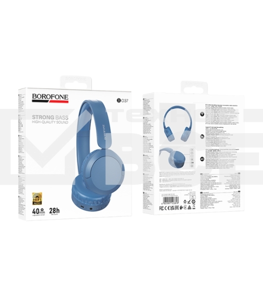 Беспроводные/проводные наушники Borofone BO37 синий, накладные, Bluetooth + проводной, складная конструкция, микрофон, до 25 ч