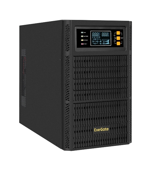 Источник бесперебойного питания On-line ExeGate PowerExpert TL-3000.72V.LCD.AVR.3SH.USB.RS232.SNMP 3000VA/3000W, On-Line, PF=1, LCD, 3*Schuko, RS232, USB, SNMP-slot, встроенные батареи 12V 7.2Ah - 6шт, возможность подключения до 4 внешних батарейных блоков 72В, Tower, металлический корпус, черный