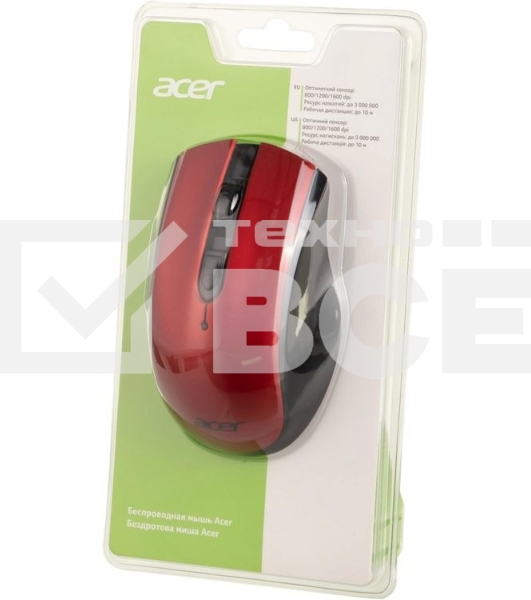 Мышь беспроводная Acer OMR032 черный/красный, 1600 dpi, радиоканал, USB, кнопки - 4