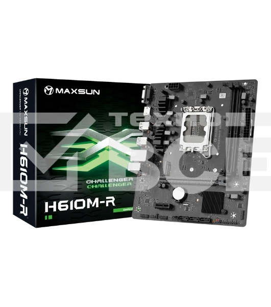 Материнская плата Maxsun Challenger H610M-R, LGA 1700, Intel H610, 2xDDR4, 3xSATA, 1xM.2, 1xPCIe 4.0 x16, 1xPCIe x1, 1xHDMI, 1xVGA, 1x 1Gb LAN, 2xUSB 3.2 Gen 1, 4xUSB 2.0, 3x3.5 мм, 5.1, mATX
