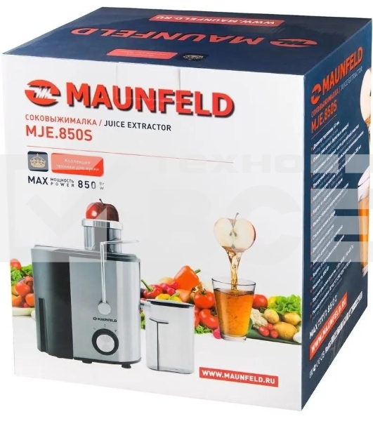 Соковыжималка Maunfeld MJE.850S нержавеющая сталь, центробежная, 850 Вт, 350 мл, механическое