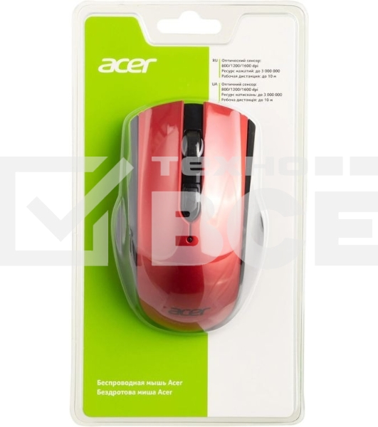 Мышь беспроводная Acer OMR032 черный/красный, 1600 dpi, радиоканал, USB, кнопки - 4