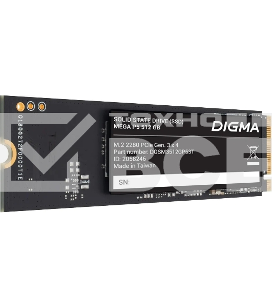 Накопитель SSD Digma Mega P5 DGSM3512GP53T, 512Gb, PCIe 3.0 x4, M.2 2280, NVMe, R/W 2900/2000