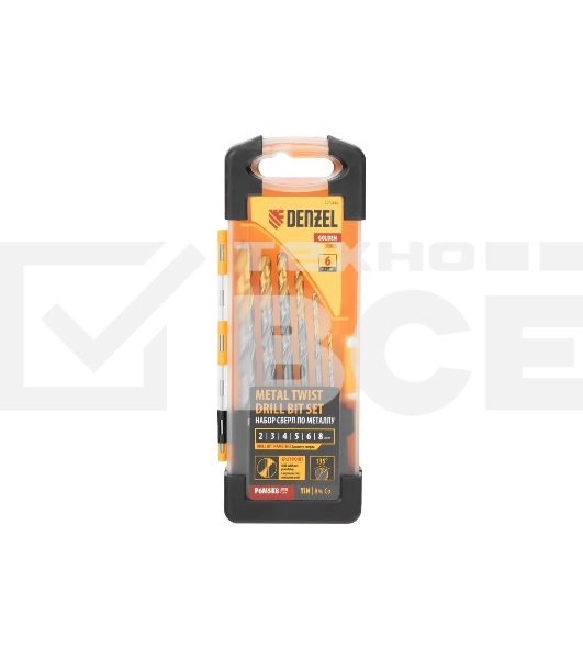 Набор сверл по металлу Denzel 2-8мм, Р6М5К8-TiN, Golden Tip, 6 шт 723004