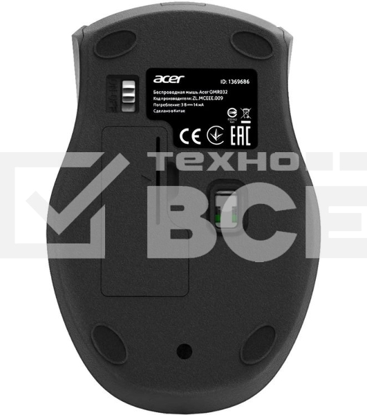 Мышь беспроводная Acer OMR032 черный/красный, 1600 dpi, радиоканал, USB, кнопки - 4
