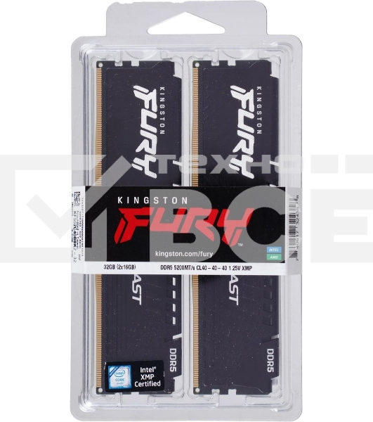 Оперативная память Kingston Fury Beast, DDR5, 32GB (2x16GB), 5200MHz, CL40, DIMM, радиатор, черный