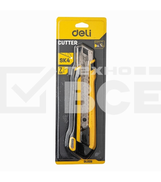 Технический нож Deli DL025 25мм SK4. 2-ступенчатое лезвие. Ударопрочный и обрезиненный корпус. Кнопка автоматической блокировки.