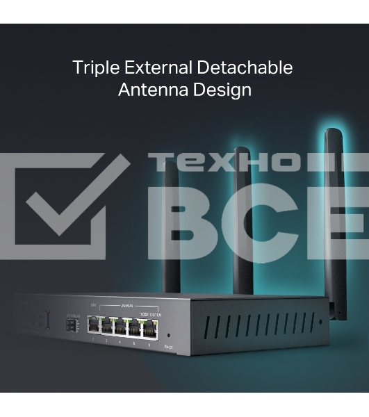 VPN-маршрутизатор TP-Link ER706W Omada с гигабитными портами и поддержкой Wi-Fi AX3000, 1 гиг. SFP WAN/LAN, 1 гиг. RJ45 WAN, 4 гиг. RJ45 WAN/LAN, USB 3.0, до 574 М/с на 2,4 ГГц + до 2402 М/с