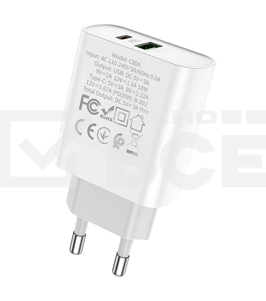 Сетевое зарядное устройство HOCO C80A Rapido 1xUSB + 1xUSB-C, 3.1A, 20W, белый