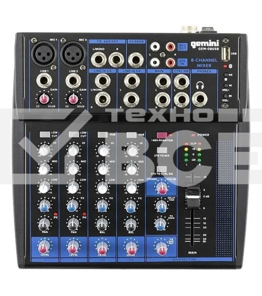 Микшер Gemini GEM-08USB аналоговый, 8 каналов, выход на наушники, Bluetooth, USB-проигрыватель файлов в формате MP3/WAV