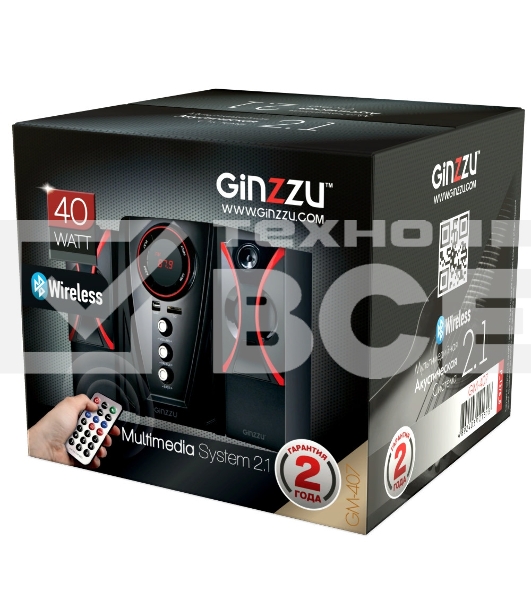 Мультимедийная акустическая система GINZZU GM-407 2.1 с Bluetooth. Выходная мощность (RMS) 40 Вт. Диапазон воспроизводимых частот: 40Гц - 20КГц. Bluetooth: V2.1. Встроенный аудио-плеер: SD-card, USB-flash до 32 Gb. FM радио: 87.5МГц - 108.0МГц. Вход AUX: 