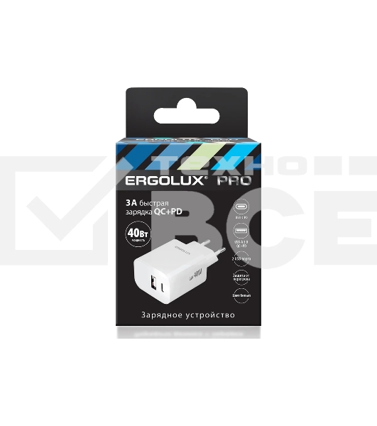 Сетевое зарядное устройство ELX-РA04QC-C01 GaN 40Вт 1USB+1Type C 100-270В 5В-12В/3 3А QC бел. Ergolux 15294