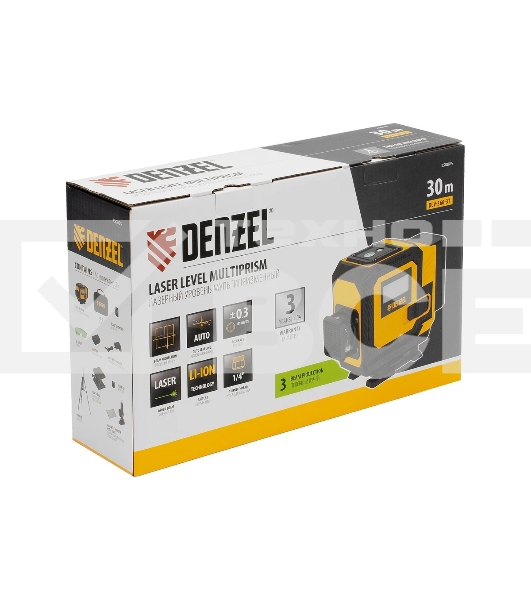 Лазерный уровень мультипризменный Denzel DLV-360-3T, 30 м, зеленый луч, Li-Ion 2,4 Aч, штатив