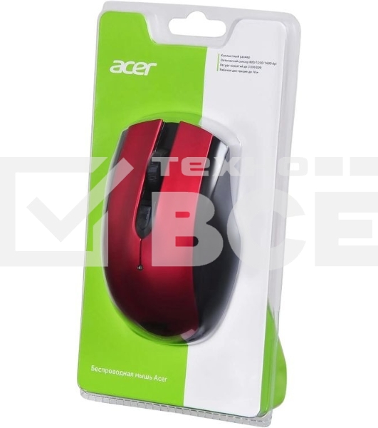 Мышь беспроводная Acer OMR032 черный/красный, 1600 dpi, радиоканал, USB, кнопки - 4