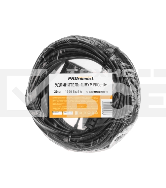 Удлинитель-шнур PROconnect ПВС 3х0,75 мм², 20 м, с/з, 6А, 1300 Вт, IP20, черный