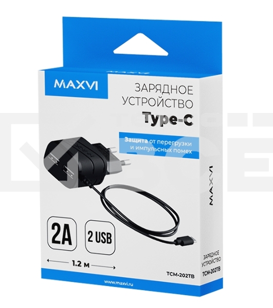 Сетевое зарядное устройство Maxvi TCM-202TB, 2xUSB, 5V, 2A, Type-C