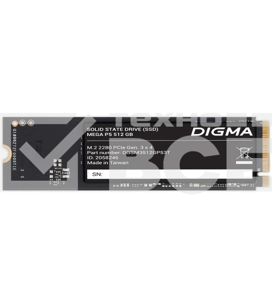 Накопитель SSD Digma Mega P5 DGSM3512GP53T, 512Gb, PCIe 3.0 x4, M.2 2280, NVMe, R/W 2900/2000