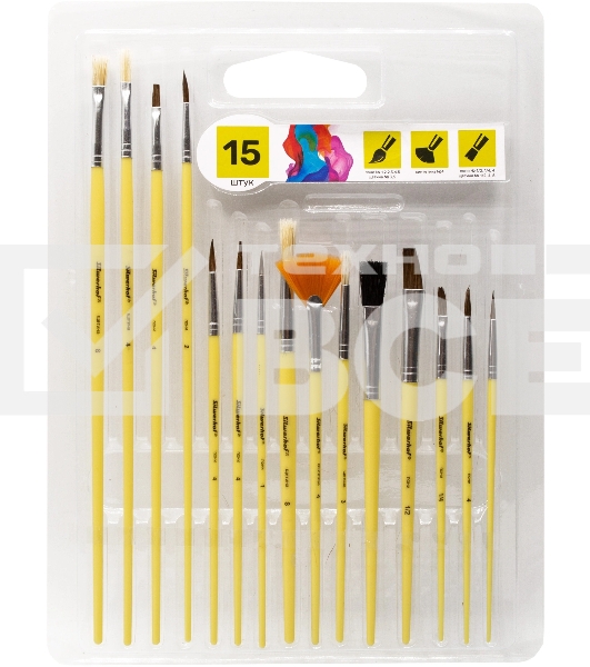 Набор кистей Silwerhof Color (набор 15шт) пони круглая №1,2,3,4,5/плоская №1/2, 1/4, 4/круглая №3,5/плоская №1/2, 4, 8/синтетика веерная №4