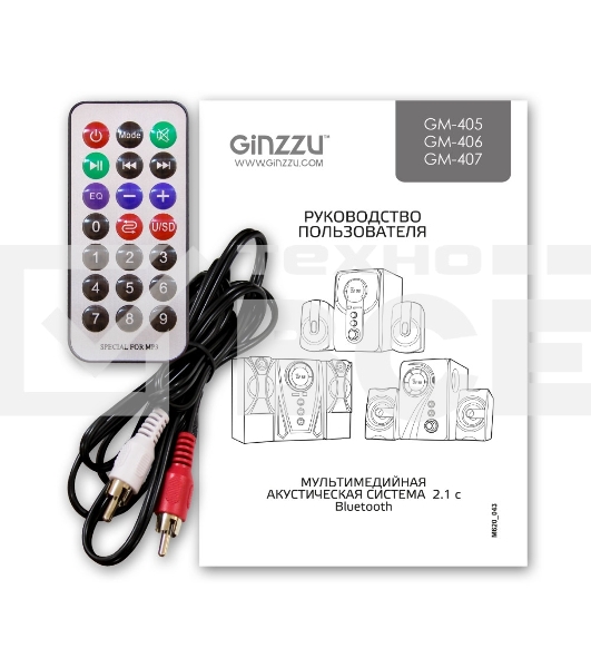 Мультимедийная акустическая система GINZZU GM-407 2.1 с Bluetooth. Выходная мощность (RMS) 40 Вт. Диапазон воспроизводимых частот: 40Гц - 20КГц. Bluetooth: V2.1. Встроенный аудио-плеер: SD-card, USB-flash до 32 Gb. FM радио: 87.5МГц - 108.0МГц. Вход AUX: 