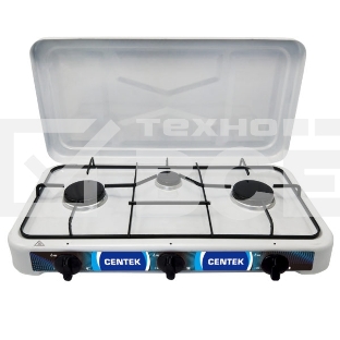 Газовая плитка Centek CT-1522 белый 3 конфорки, КРЫШКА, сменные форсунки баллон/магистраль