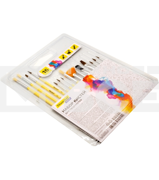 Набор кистей Silwerhof Color (набор 15шт) пони круглая №1,2,3,4,5/плоская №1/2, 1/4, 4/круглая №3,5/плоская №1/2, 4, 8/синтетика веерная №4