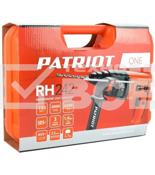 Перфоратор PATRIOT THE ONE RH 242, SDS+, 1.9Дж, 720Вт, 0-2000об/мин, 0-6300уд/мин