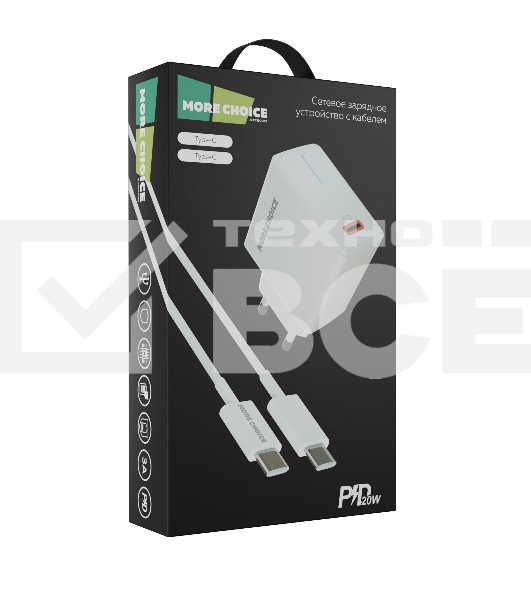 Сетевое зарядное устройство MORE CHOICE (4610196408915) NC60a 1USB-C 3.0A PD 20W быстрая зарядка для Type-C, белый