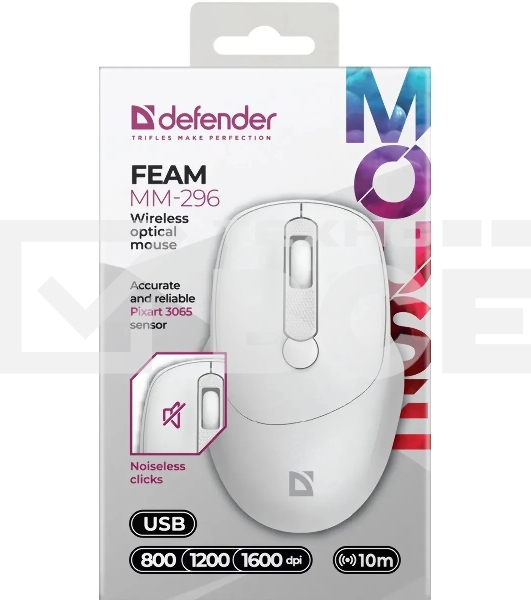 Мышь беспроводная Defender Feam MM-296 белый, 1600 dpi, радиоканал, USB, кнопки - 4