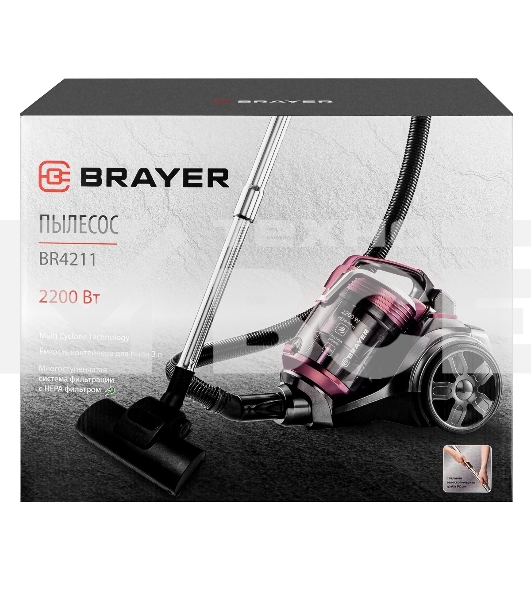 Пылесос BRAYER BR4211 черный/бордовый, 400/2200 Вт, уборка сухая, пылесборник контейнер, 3 л