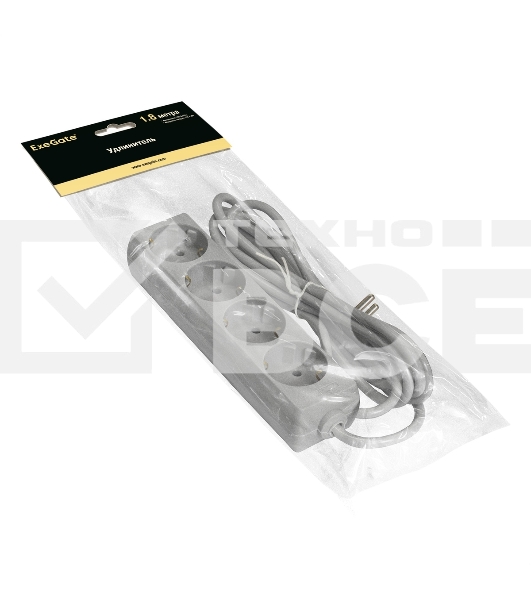 Удлинитель ExeGate ECE-4-1.8G (EX285811RUS), серый, 1.8 м, Евровилка с заземлением, 4 евророзетки с заземлением, 2200 Вт