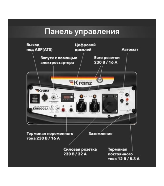 Генератор бензиновый Kranz KR8000EA, 8кВт, 25л, коннектор автоматики, электростартер