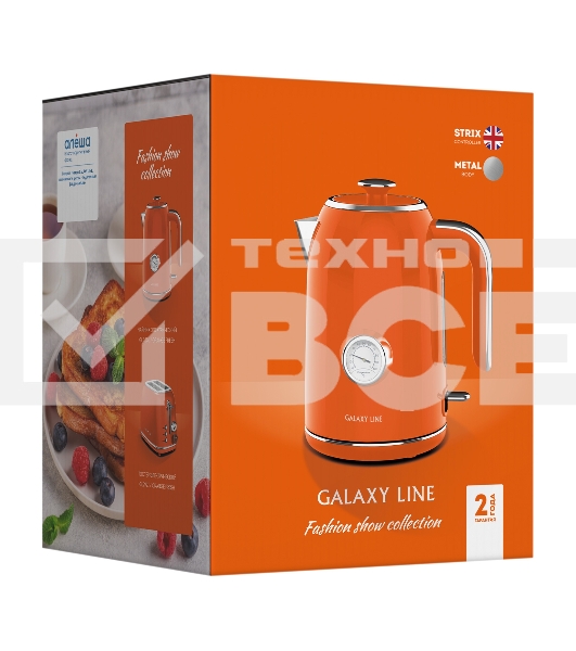 Чайник электрический Galaxy Line GL 0351, апельсиновый фреш, металл, 2200 Вт, 1,7 л